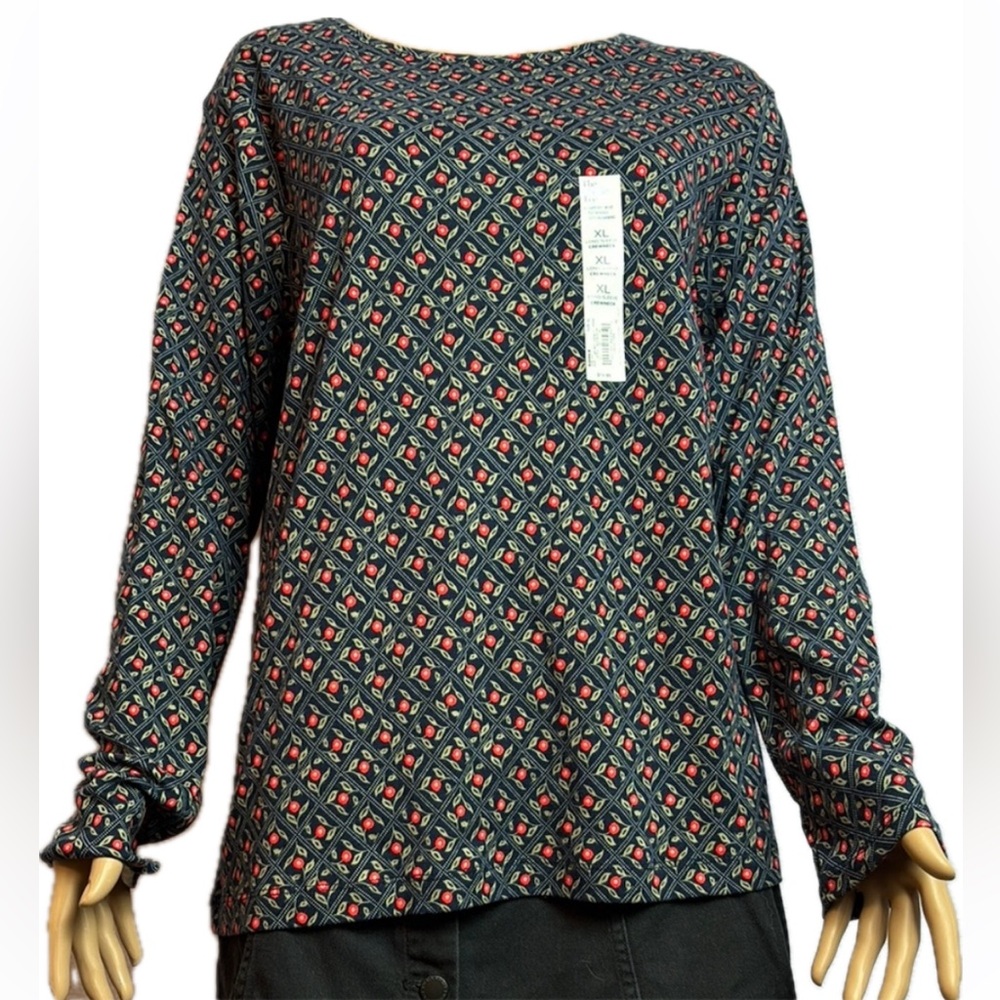 Red Rose And Green Leaf on a Navy Field Patterned Long Sleeve Top 100% Cotton
